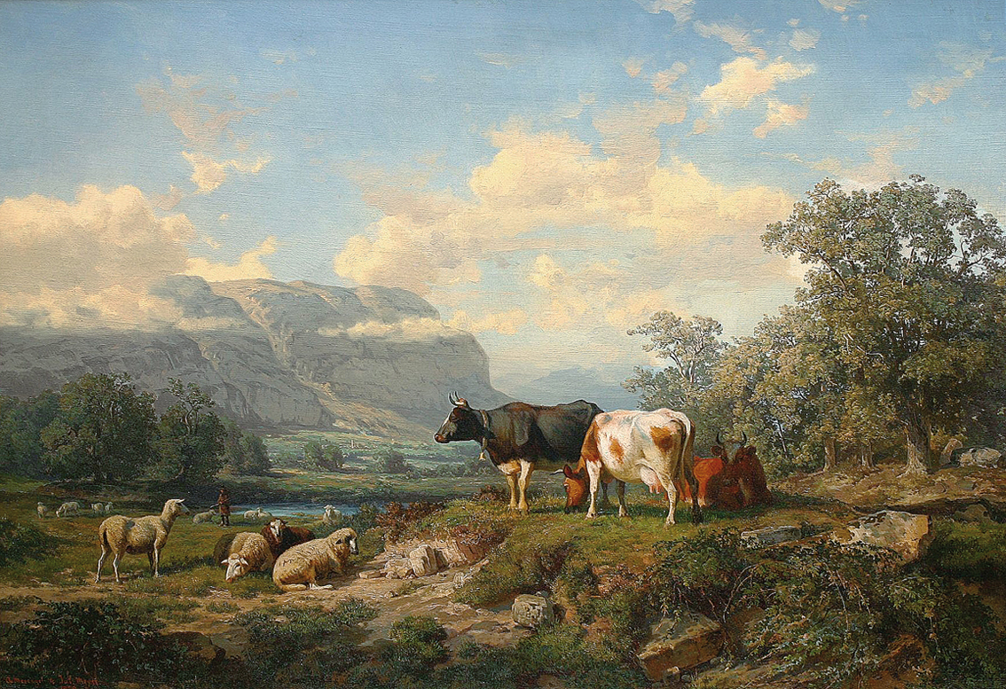 "Cattle and sheep in a landscape in the surroundings of Geneve"