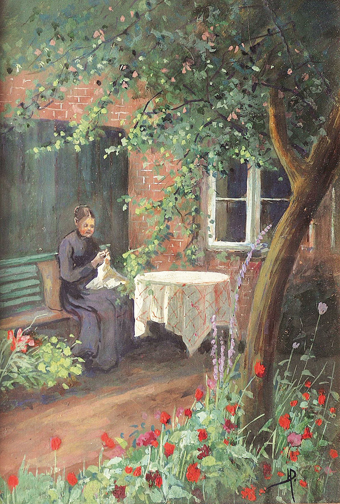 "Elisabeth Nissen sitting in the garden"