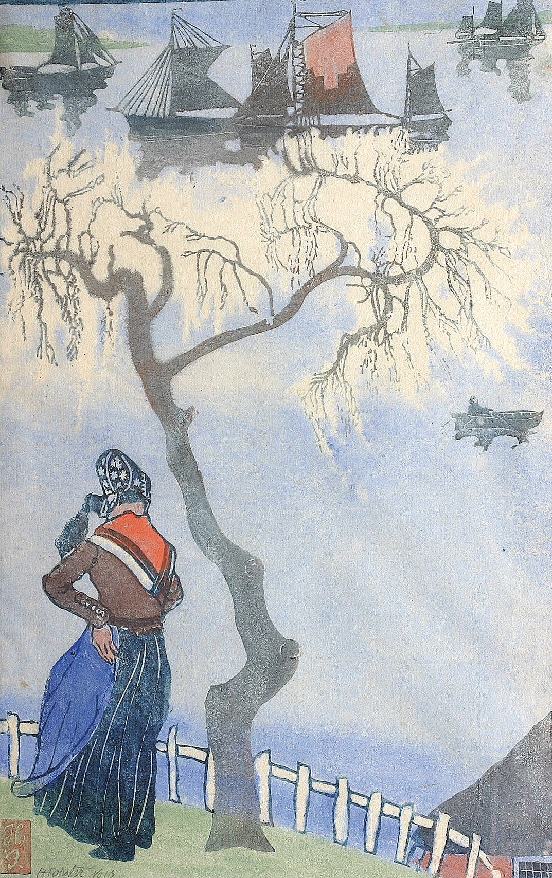 Motiv vom 'Alten Land' mit Bäuerin, Booten und blühendem Baum