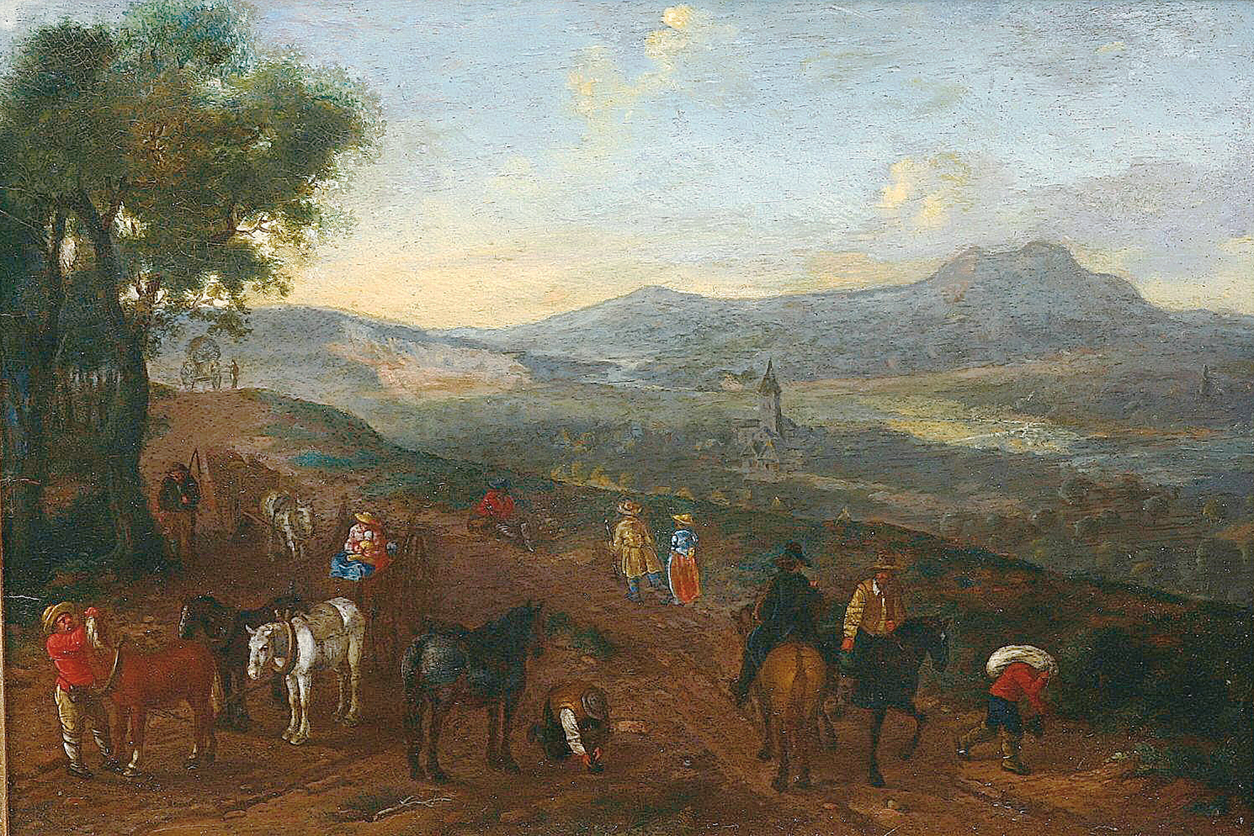 A landscape with riders, chariots and foot travellers