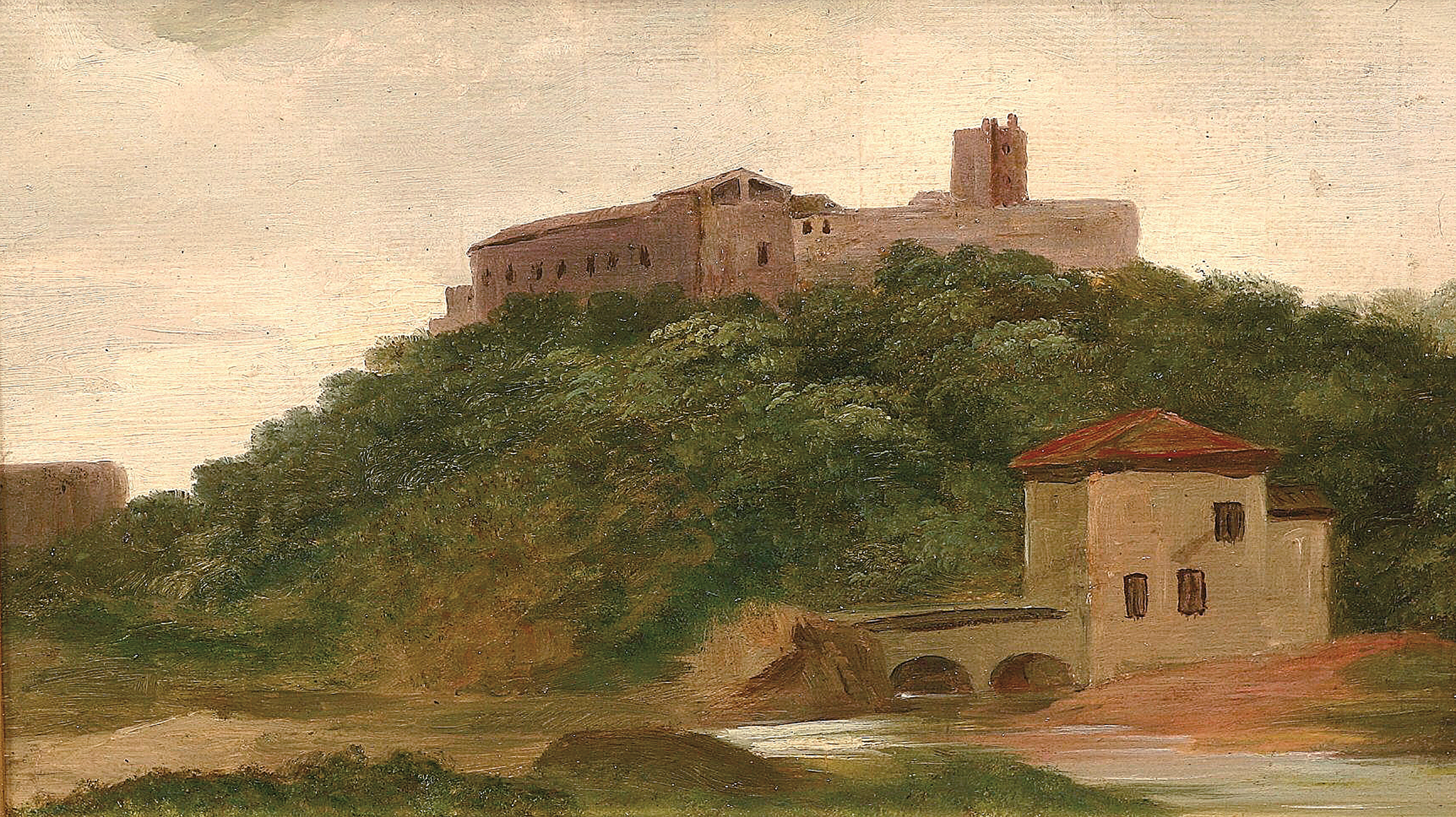 An italian landscape with a streamlet, a stonebridge, and a castle beyond