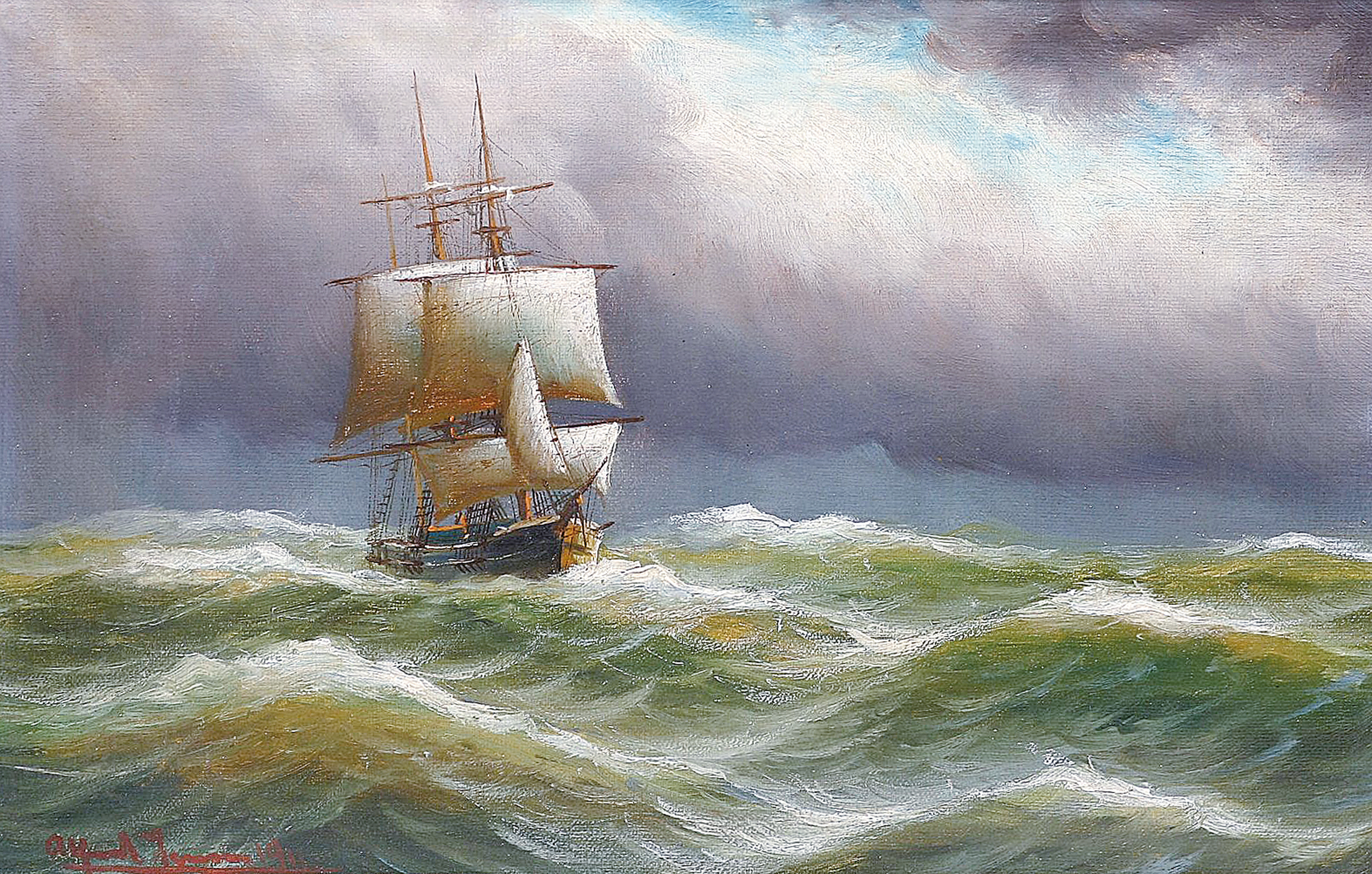 A sailship in sunshine but beginning storm