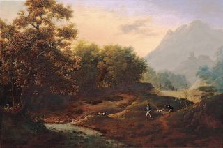 A wooded Valley in the Mountains with Hunters and Hounds