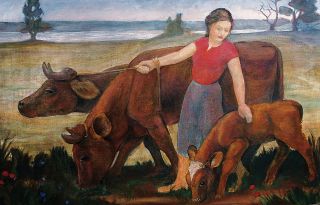 "A Girl with Cows and a Calf near a Lake"