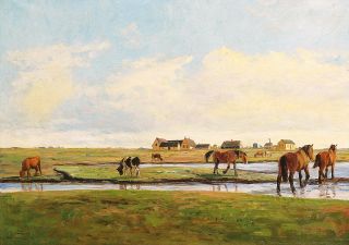 Pferde und Kühe in einer Marschlandschaft