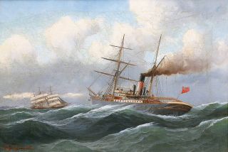 A Steamer and a Sailship on stormy Sea