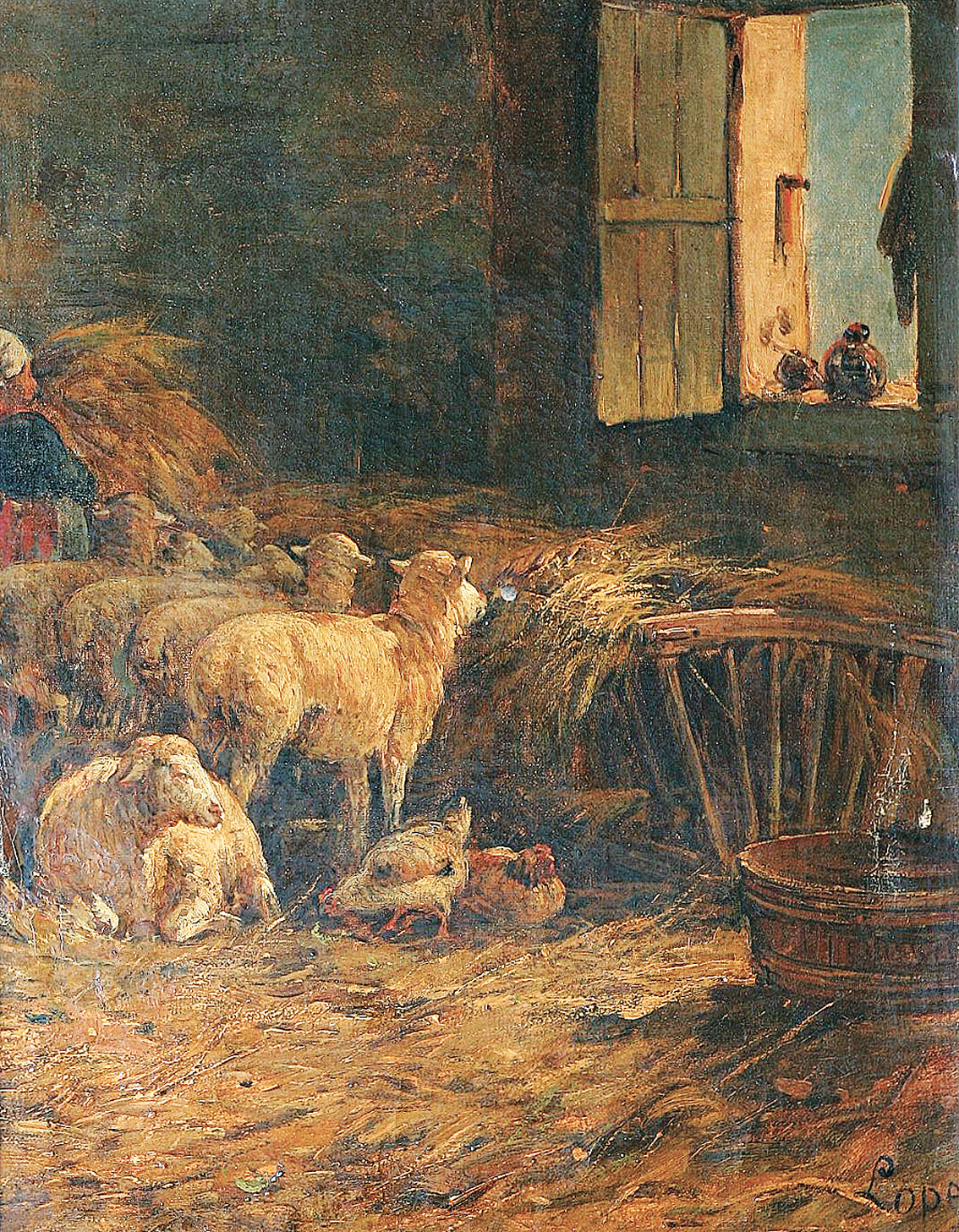 Bauernmädchen bei den Schafen und Hühnern im Stall