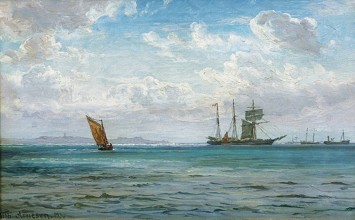 Dreimaster und weitere Schiffe im gedämpften Sonnenlicht vor der Küste
