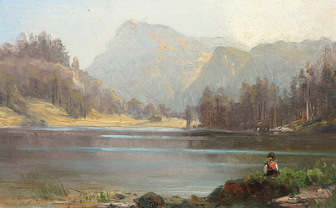 Besonnter See im Gebirge mit sitzendem Mädchen in Landestracht