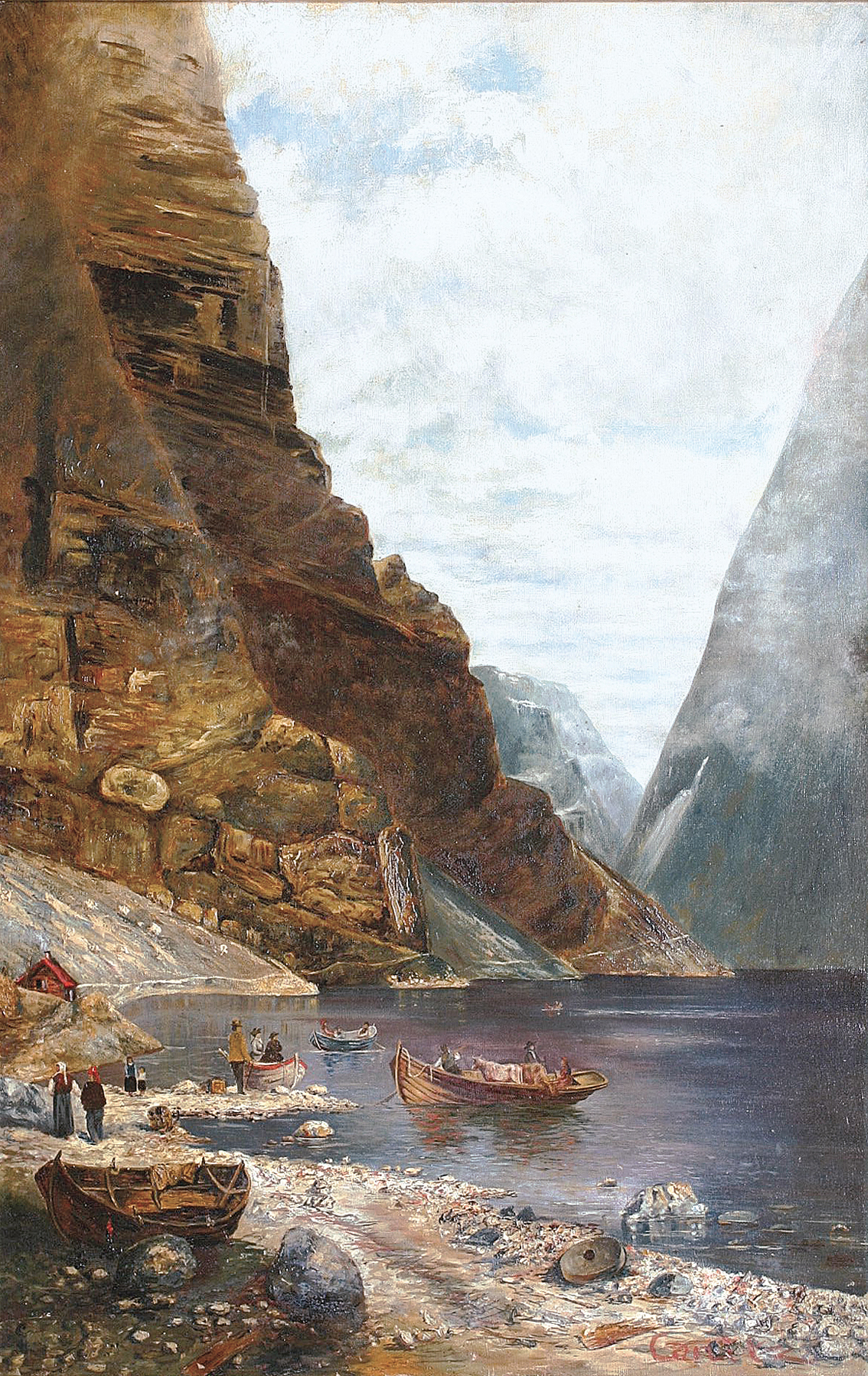 A shady lake in the mountains with figures