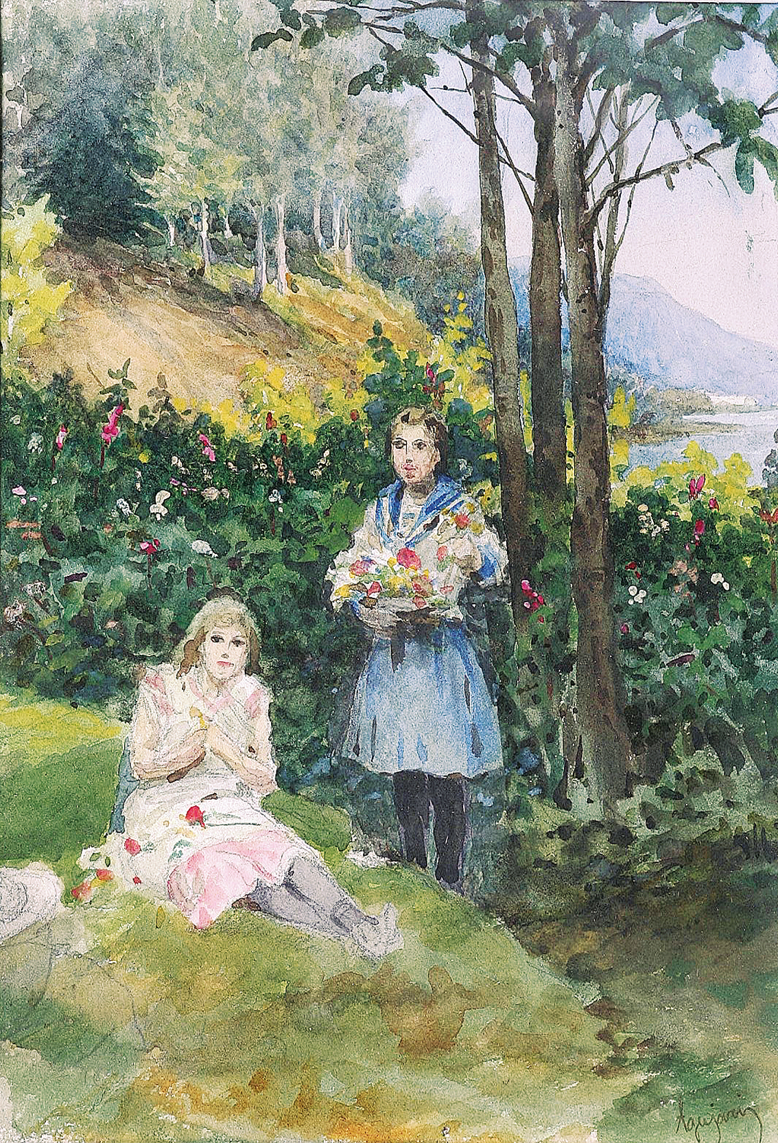Two girls with flowers in a wooded landscape near a lake