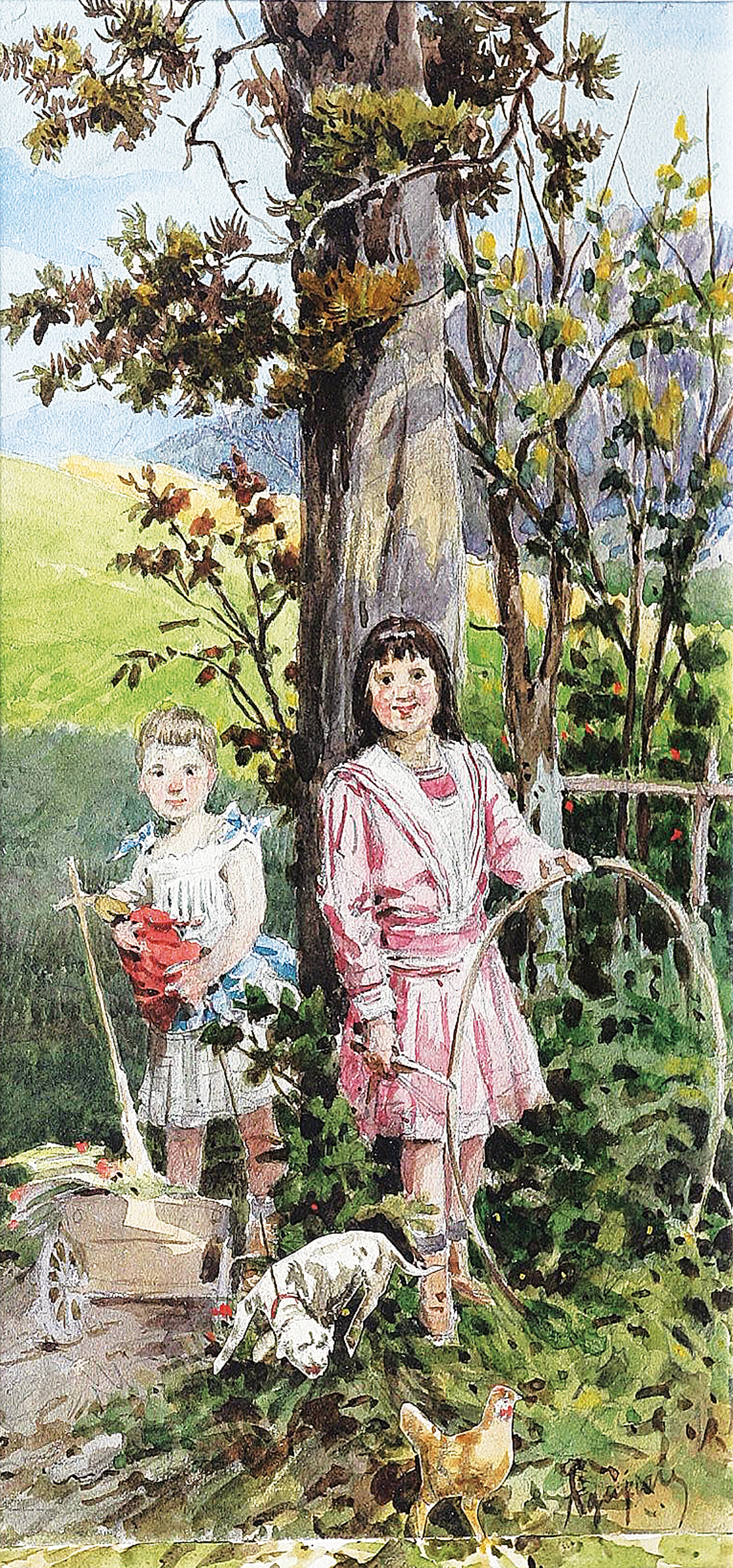 Zwei Mädchen mit Spielzeug in einer bewaldeten Hügellandschaft