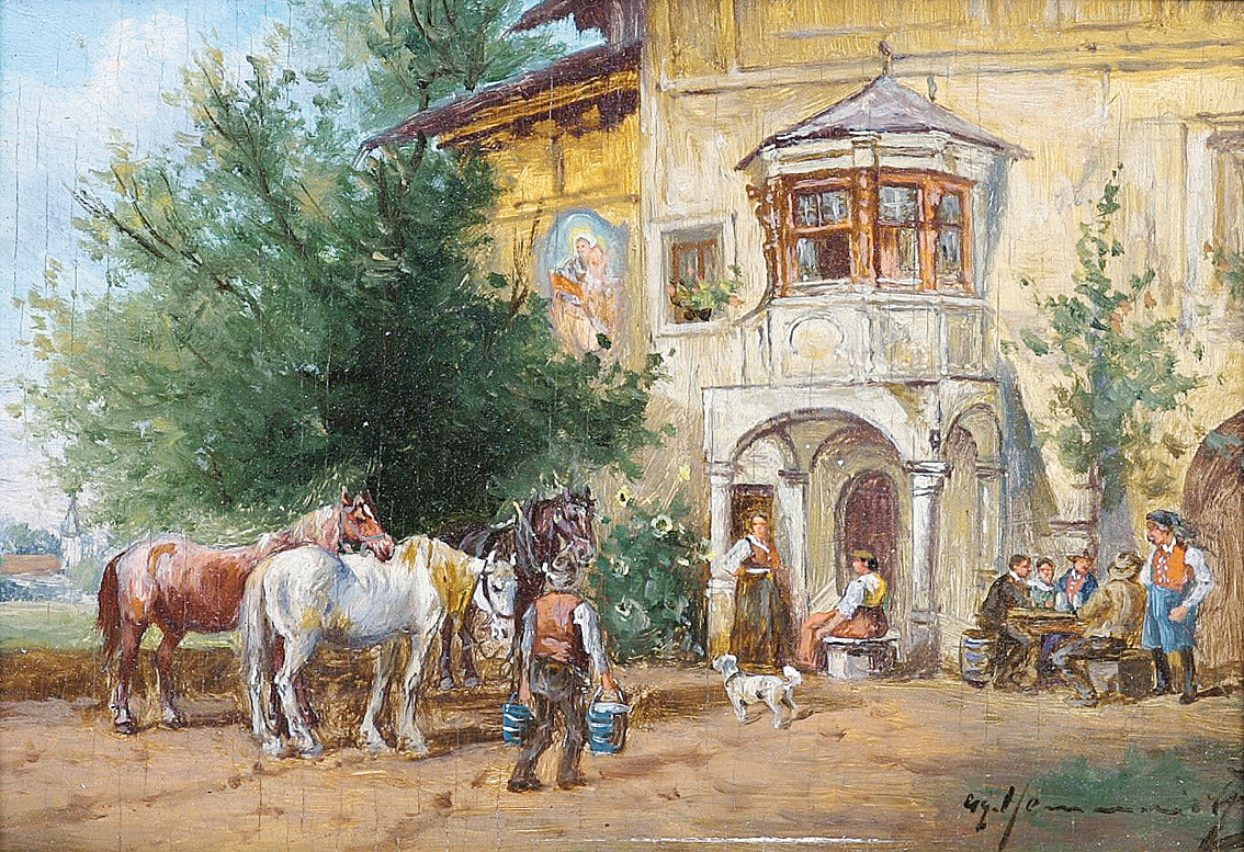 Frauen, Zecher und Pferde vor dem alten Wirtshaus