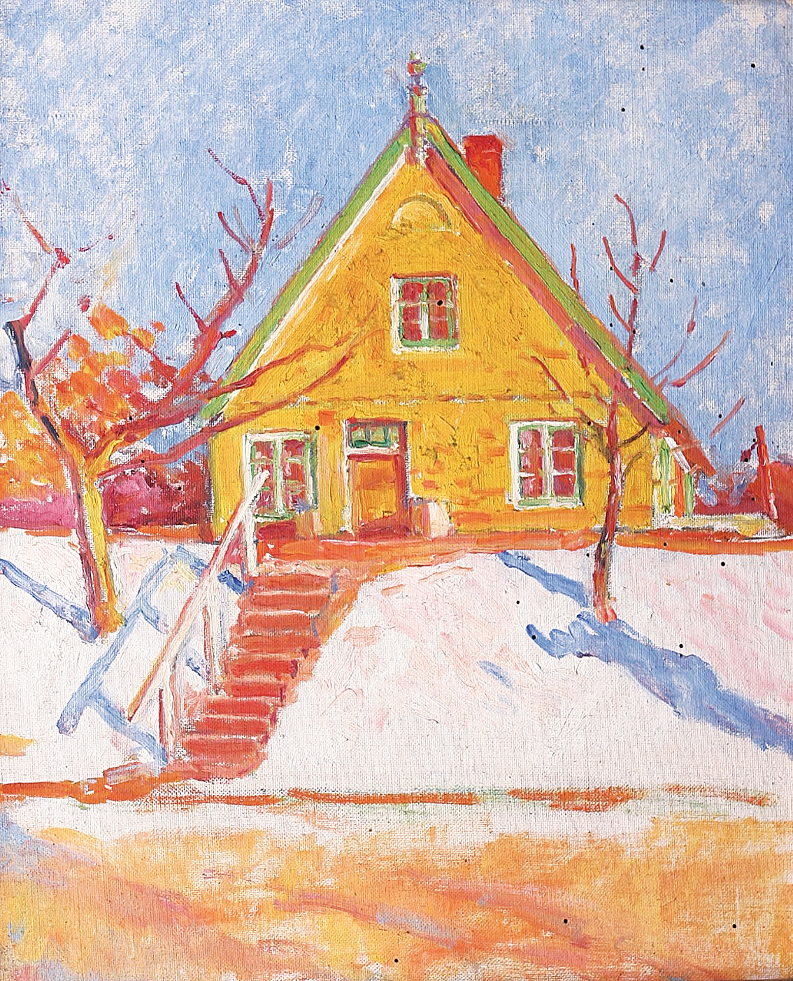 A yellow house in Königreich in the winter