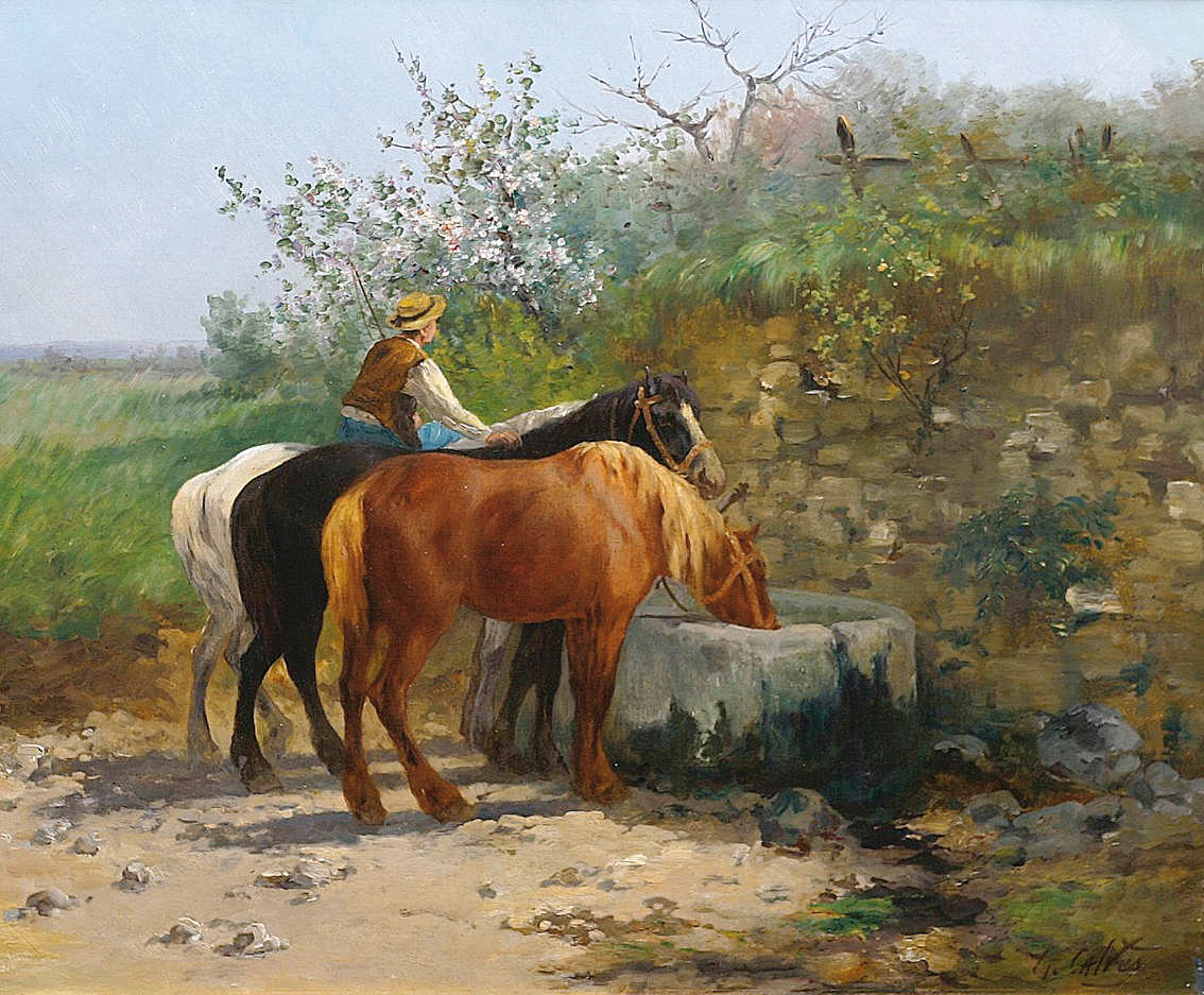 Léon-Georges Calvès - Horses at the drinking trough Horses at the drinking trough