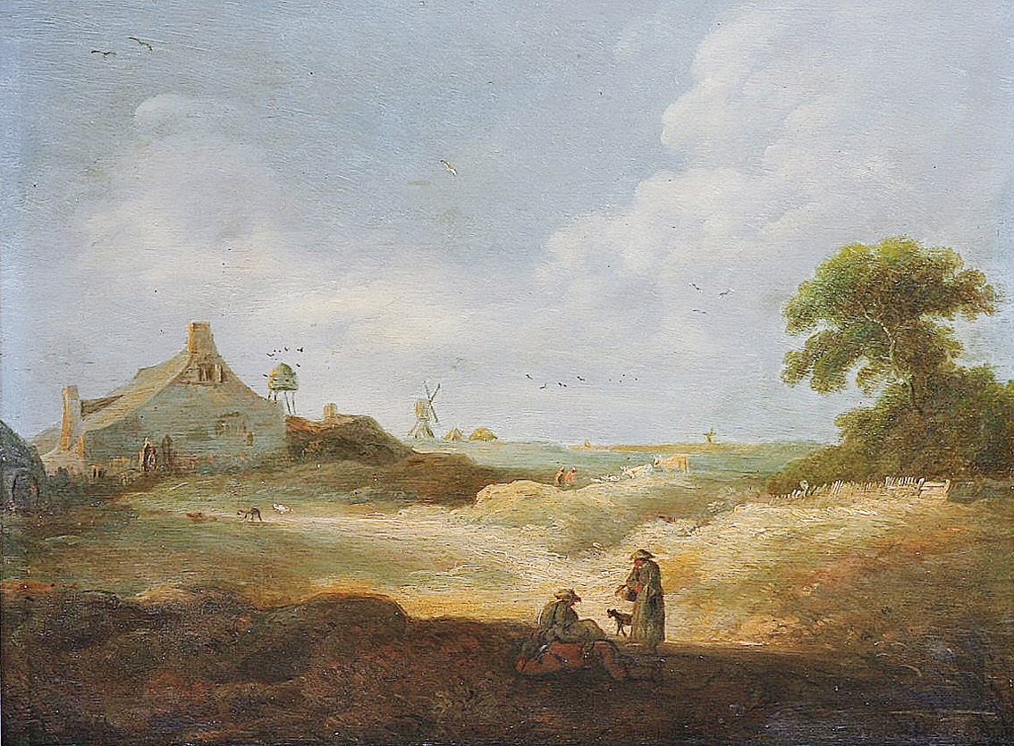 Landschaft mit Hof und Heuernte bei aufkommendem Gewitter