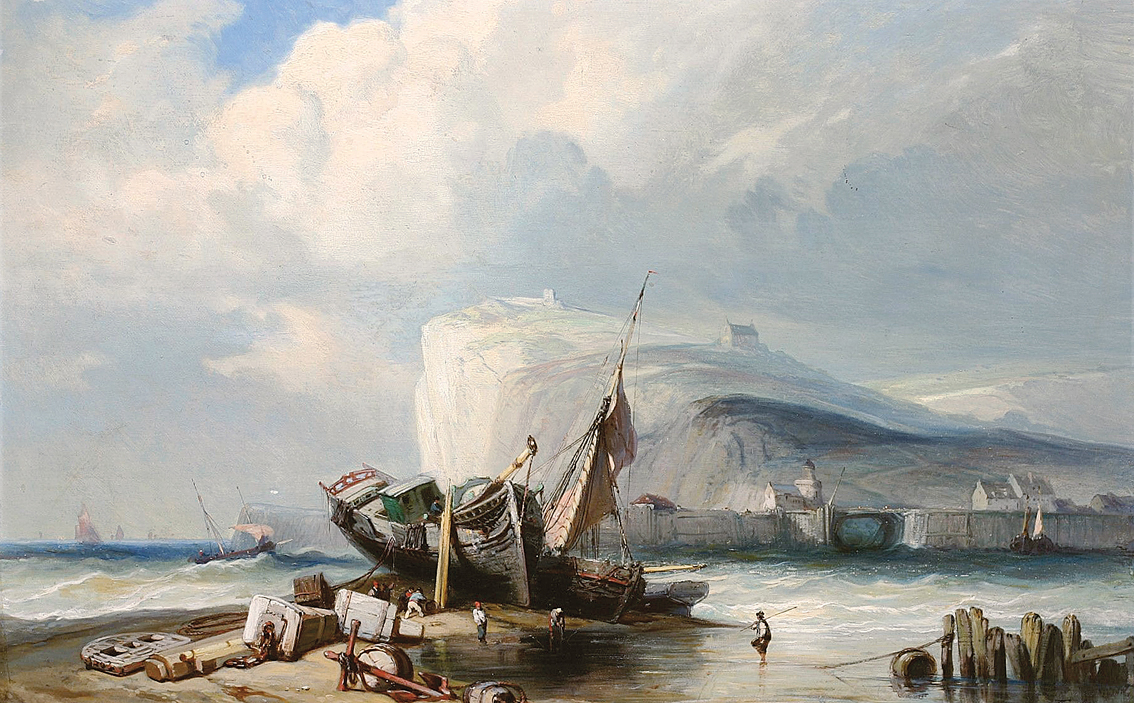 Nach dem Sturm. Fischerboote vor der Steilküste bei Dover
