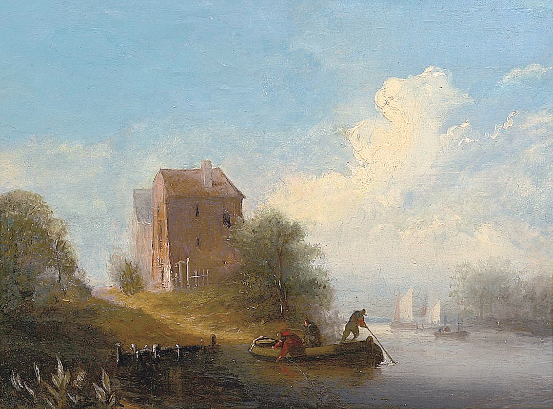 A river landscape with figures, boats and houses