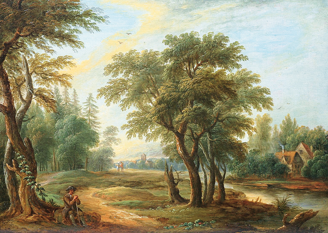 A river landscape with walkers