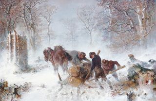 Wood-cutters with horses in a winterly forest