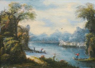 A river landscape with fishermen and a town in the distance