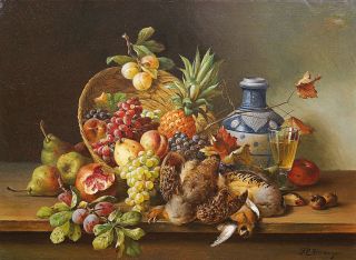 A still life with fruit, wine and poultry