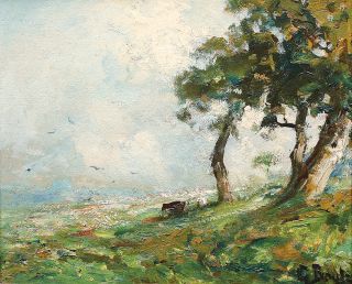 Impression of a landscape with cattle under mighty trees