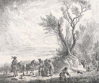 A landscape with people on horseback and a bonfire