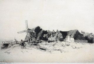 Gehöft mit Windmühle und heimkehrendem Bauern