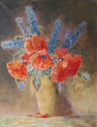 A still life with poppies and larkspur