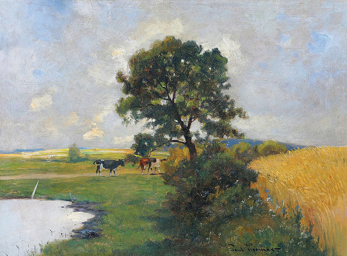 Sommerlandschaft mit Wolkenschatten, Tümpel, Vieh und reifem Korn