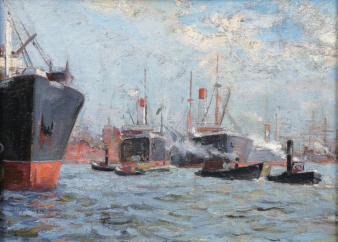 Viele Dampfer und Schlepper im Hamburger Hafen