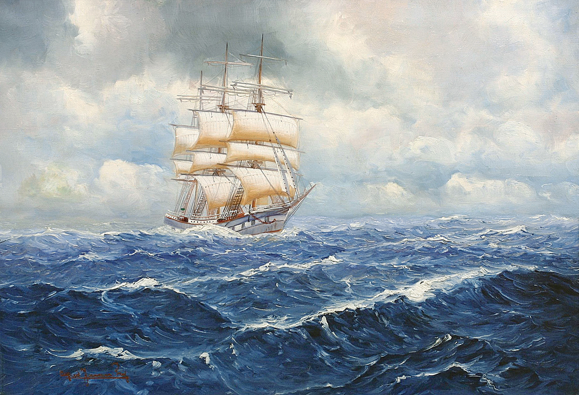 Dreimast-Vollschiff, teilbesegelt auf unruhiger See
