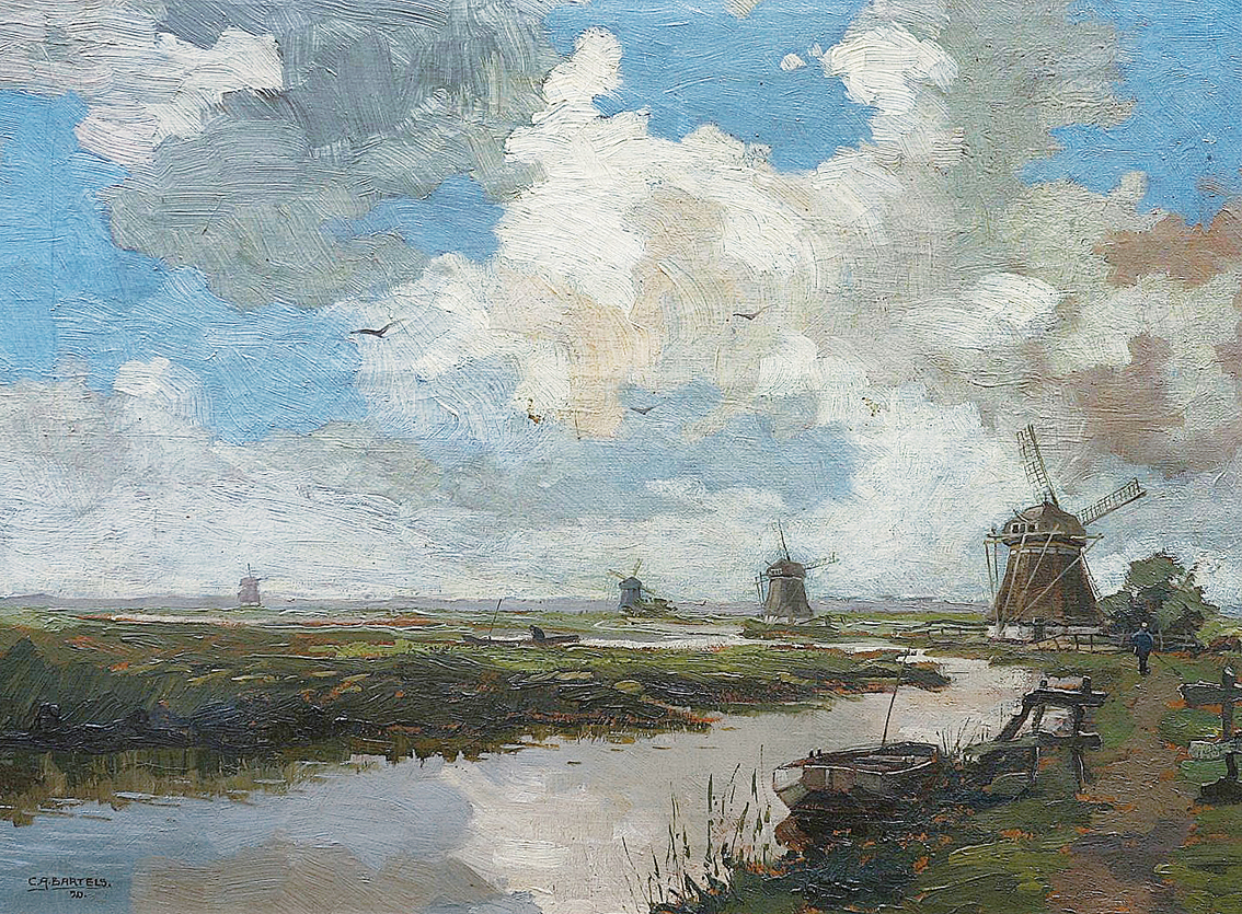 A river landscape with windmills