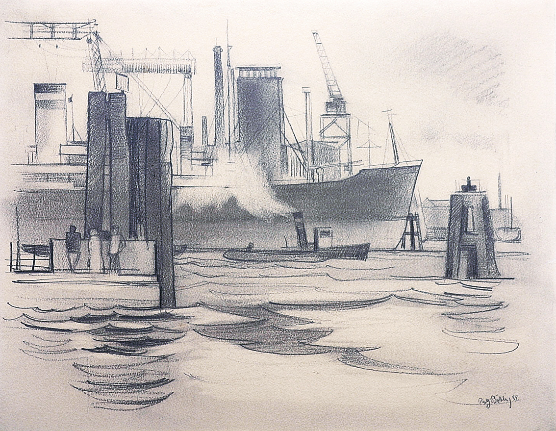 Two drawings: The harbour in Hamburg and Esbjerg