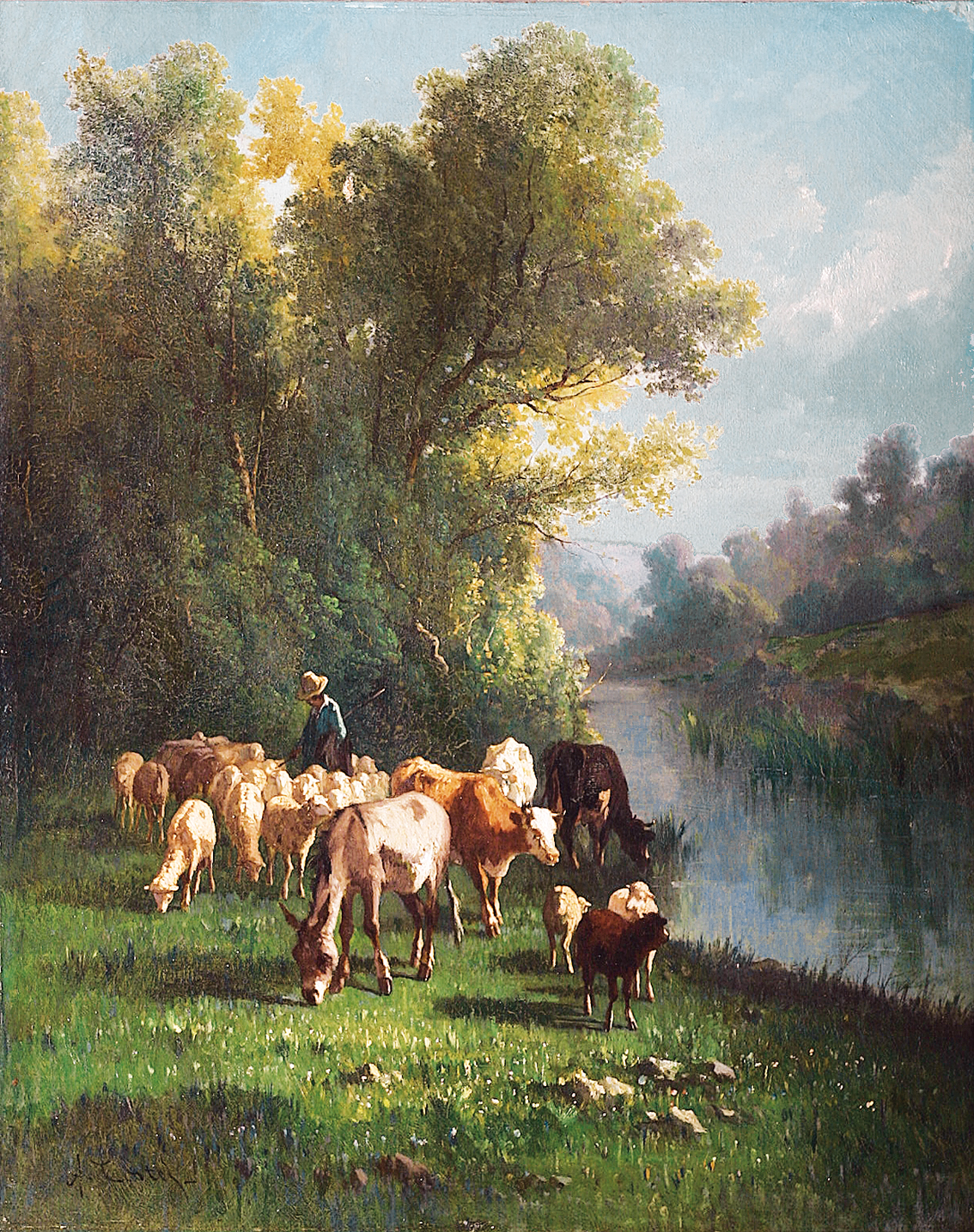 Hirte mit seiner Herde am Fluß