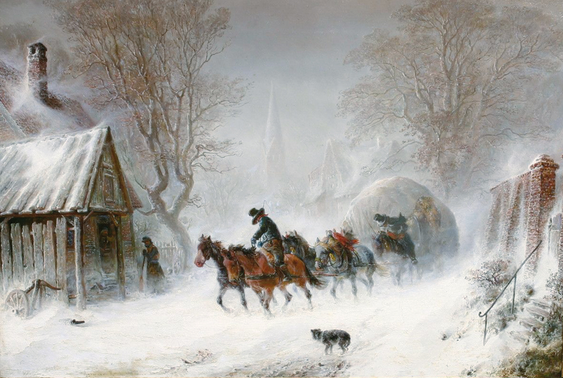 A fourrage transport through a winterly town