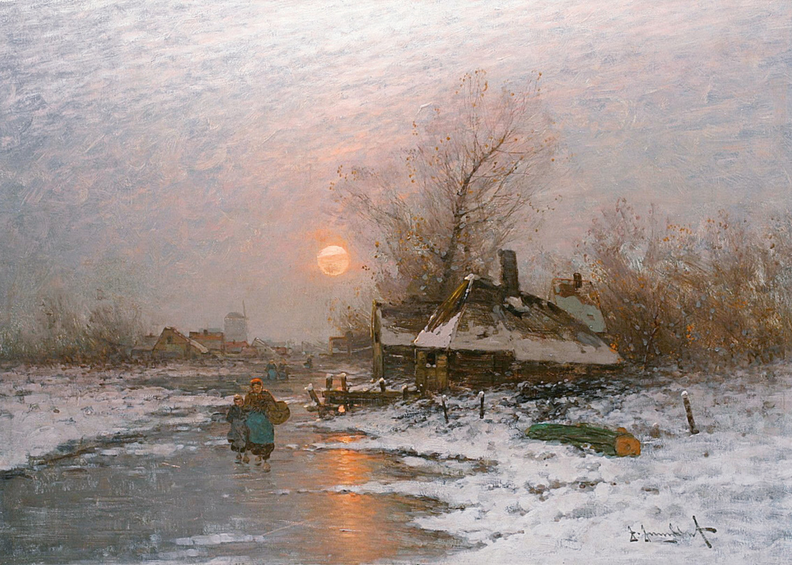 Reisigsammlerin in winterlicher Dorflandschaft am Abend