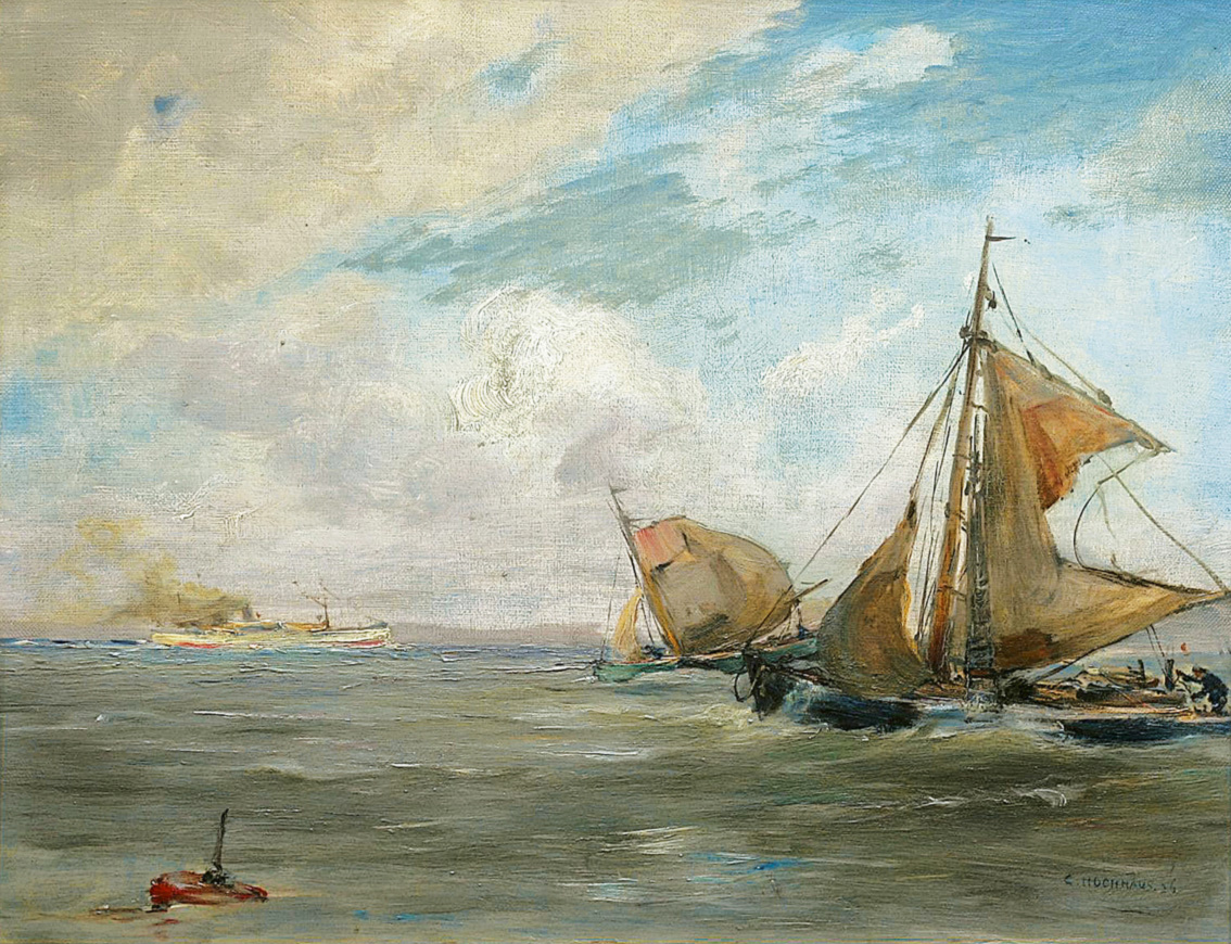 Fishing boats and steamers off the coast