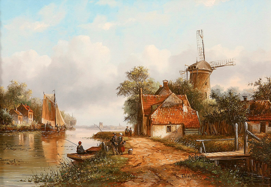 Dorf mit Mühle am Fluß