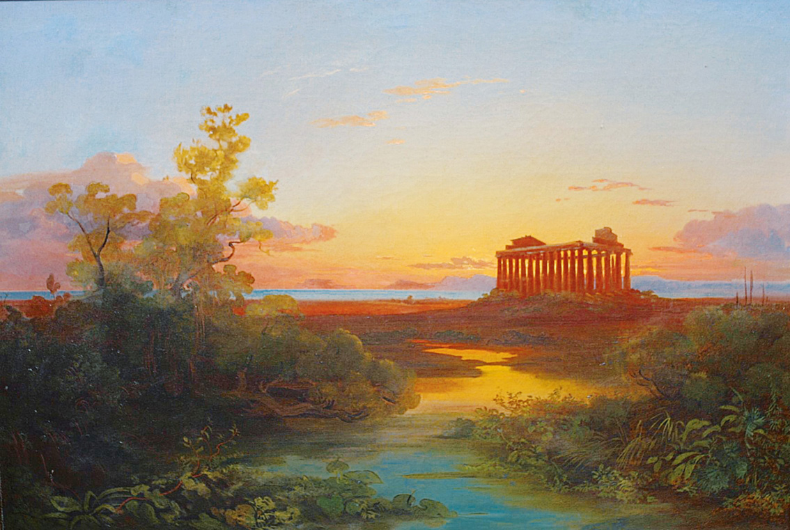 The Athena temple in Paestum at sunset