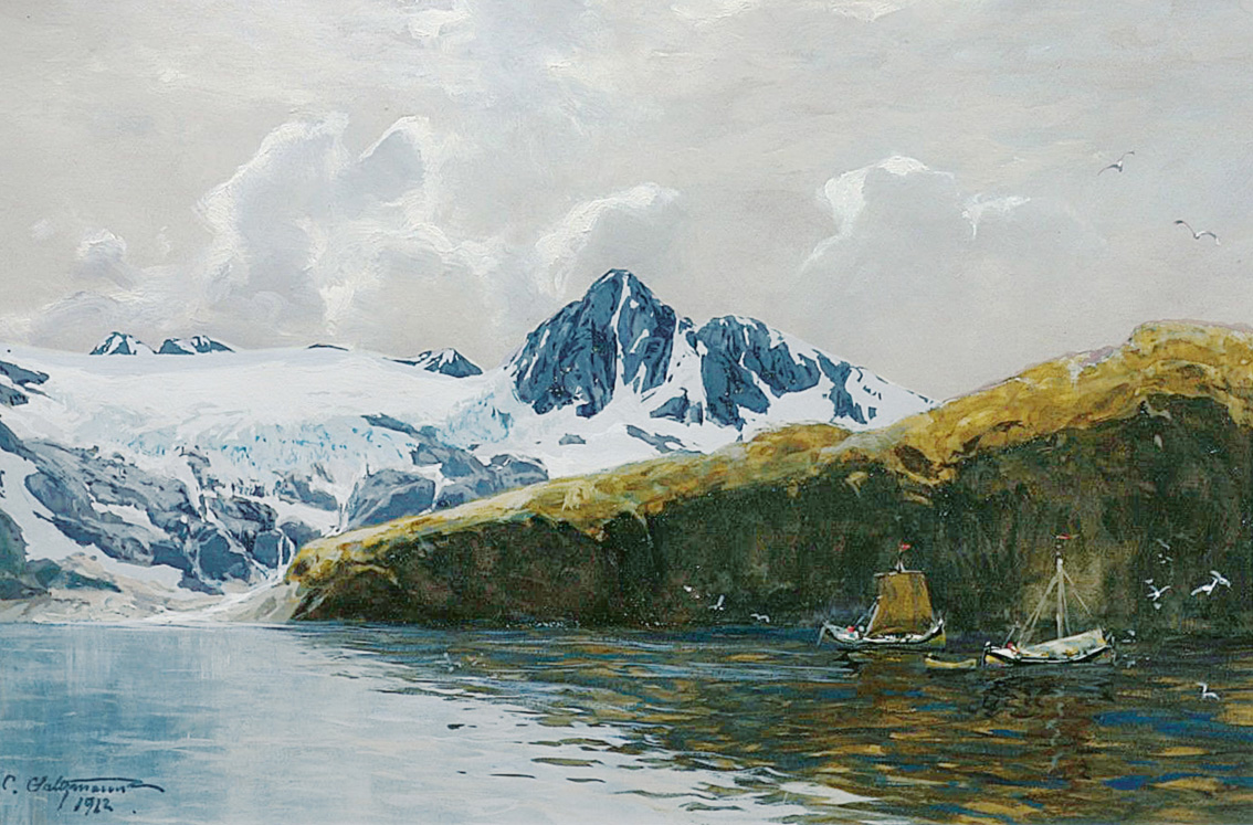 Boote vor Felsenküste der Lofoten