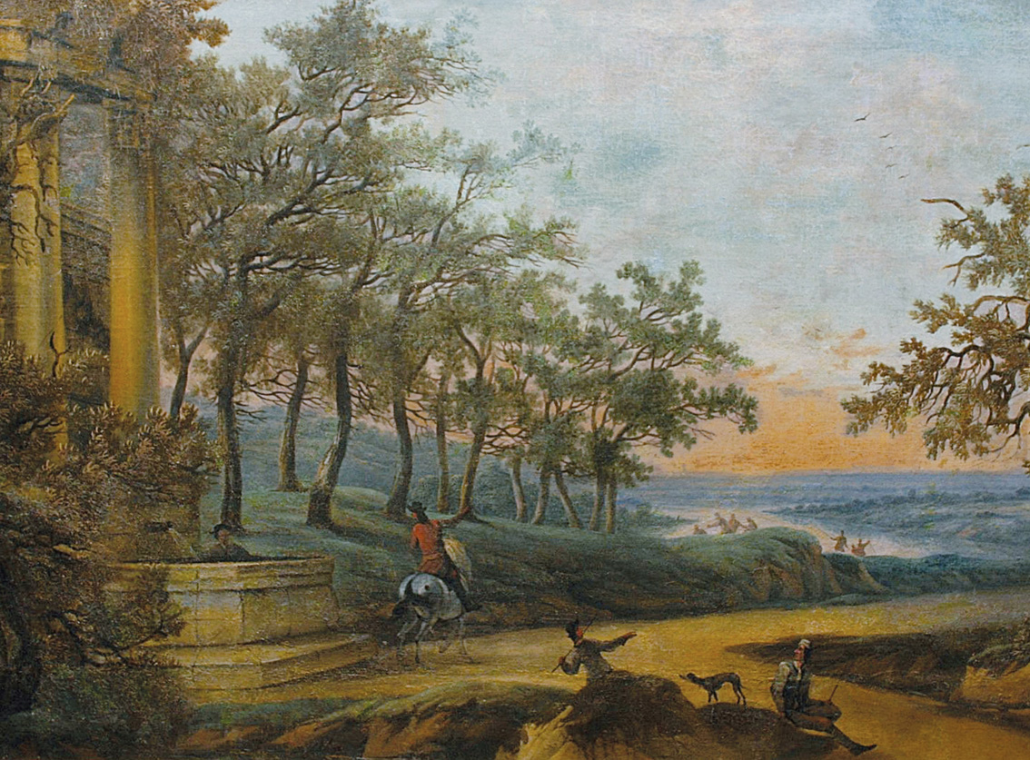 A park landscape with a temple and a hunting party