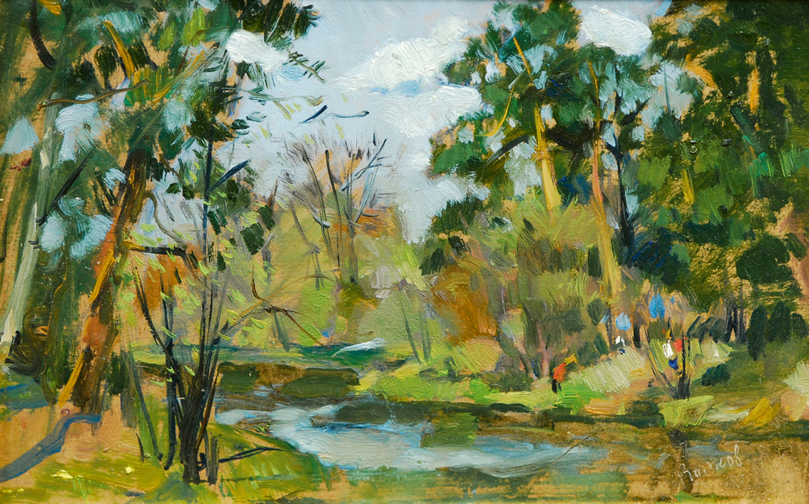 A river landscape with birches