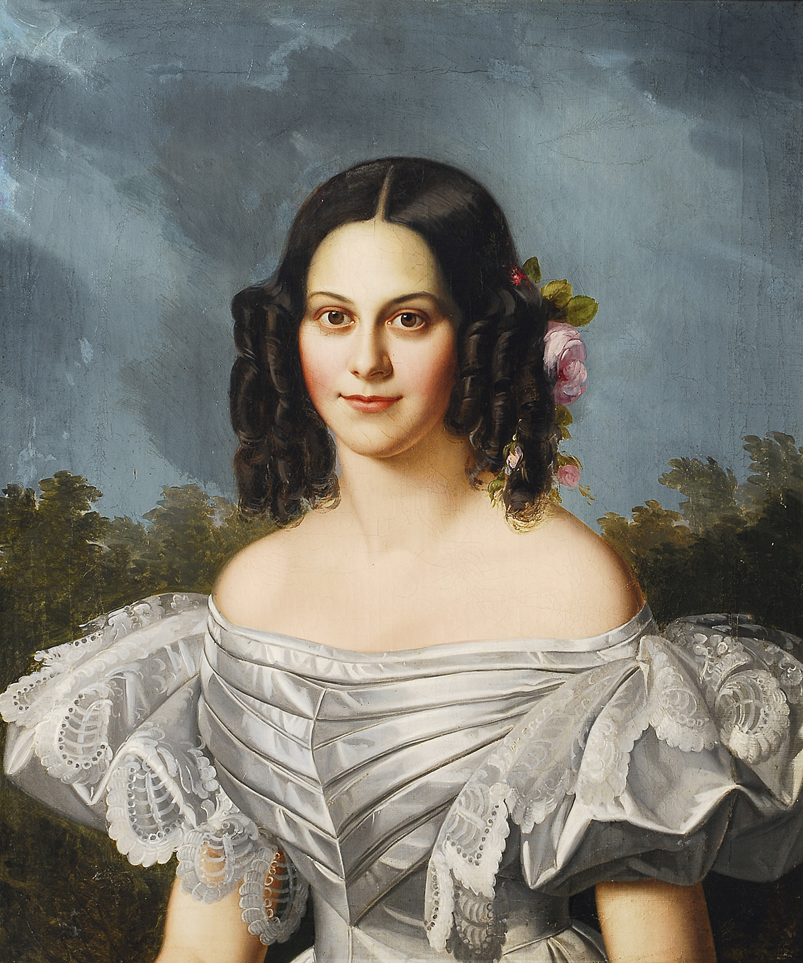 Bildnis einer jungen Frau in silbernem Atlaskleid