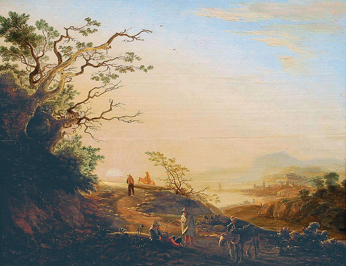 A hilly landscape with resting shepherds