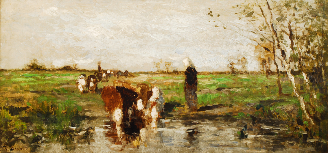 A shepherdess with cow herd at watering place