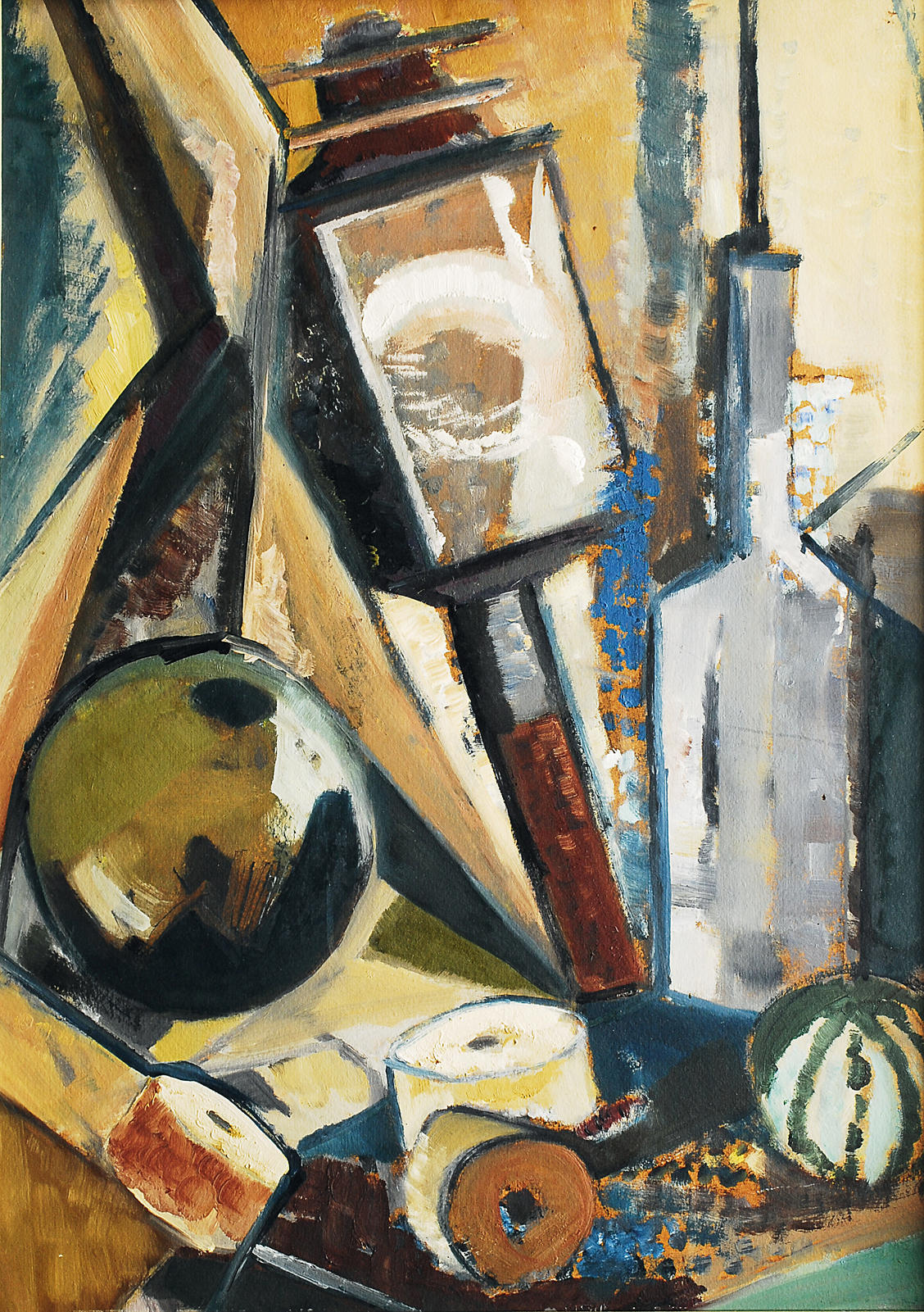 A still life with a bottle, a pumpkin and a lantern