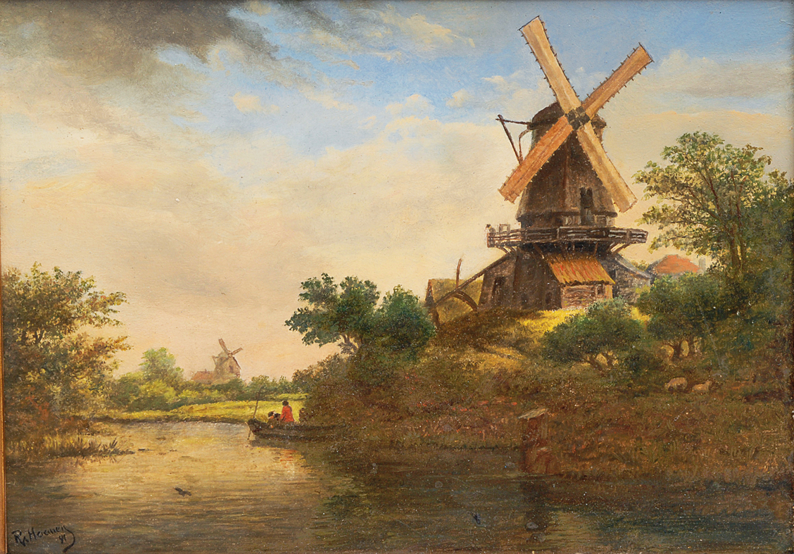 Windmühlen in einer Flußlandschaft