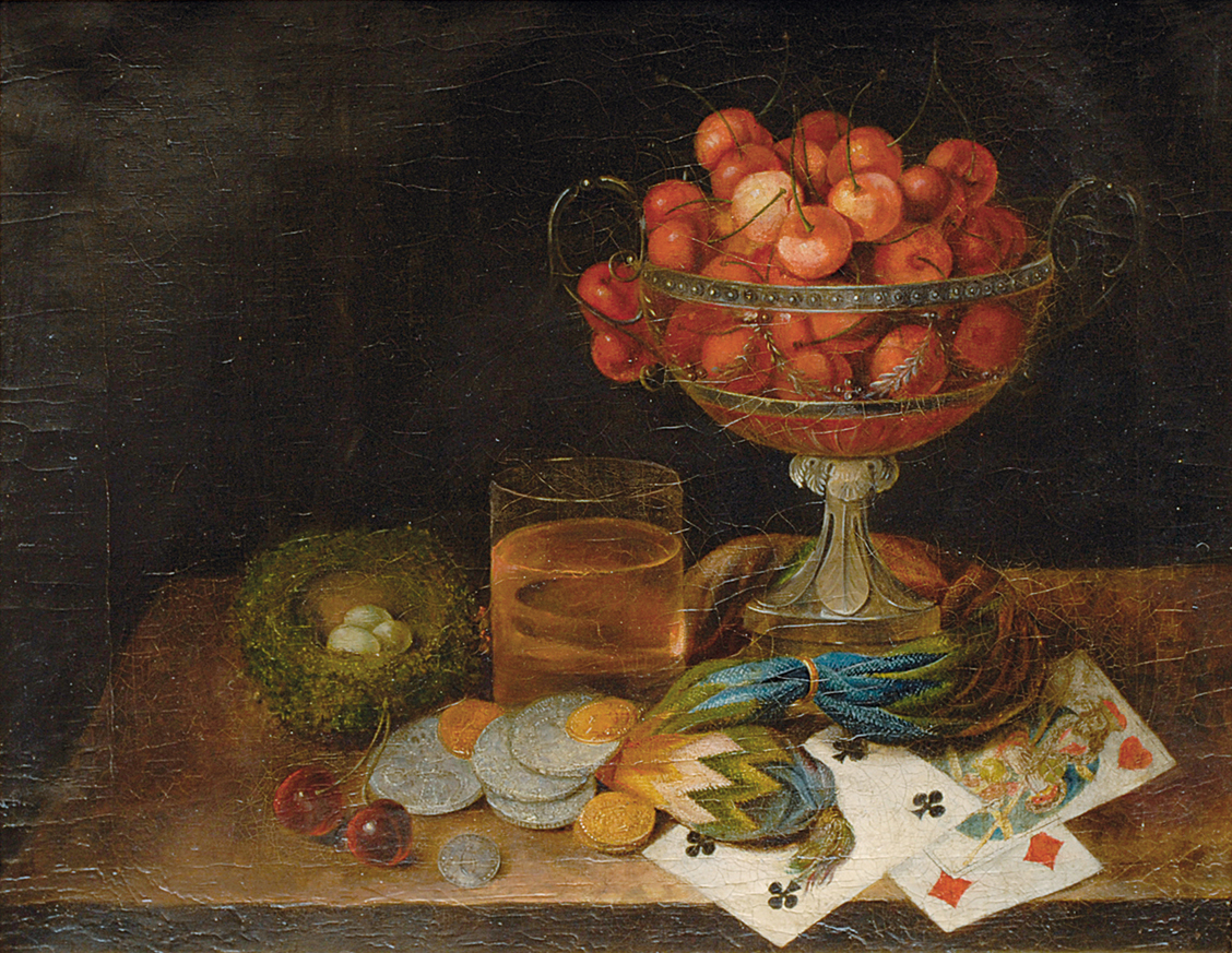 A still life with a goblet and cherries
